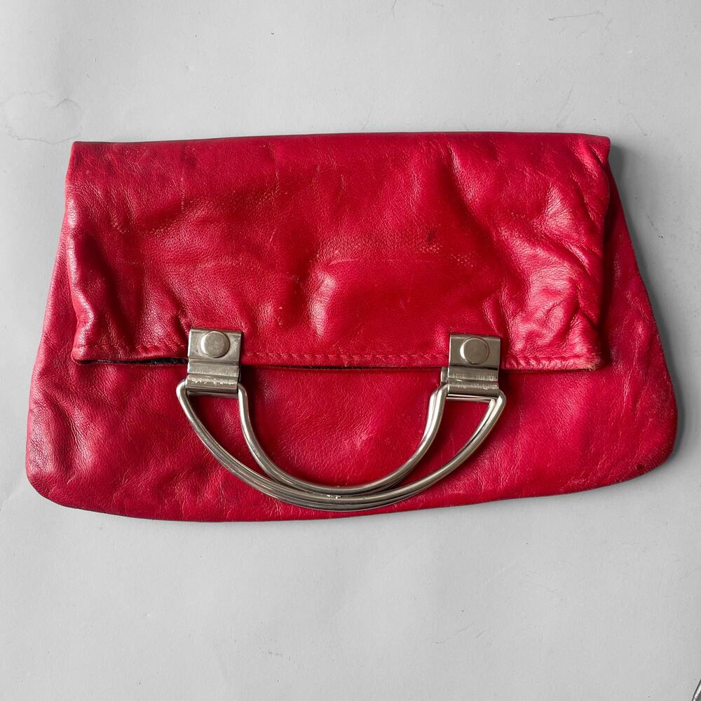 60s 70s MOD Silver Hardware Red Leather Fold Over Clutch Bag Plymouth Italy MCM